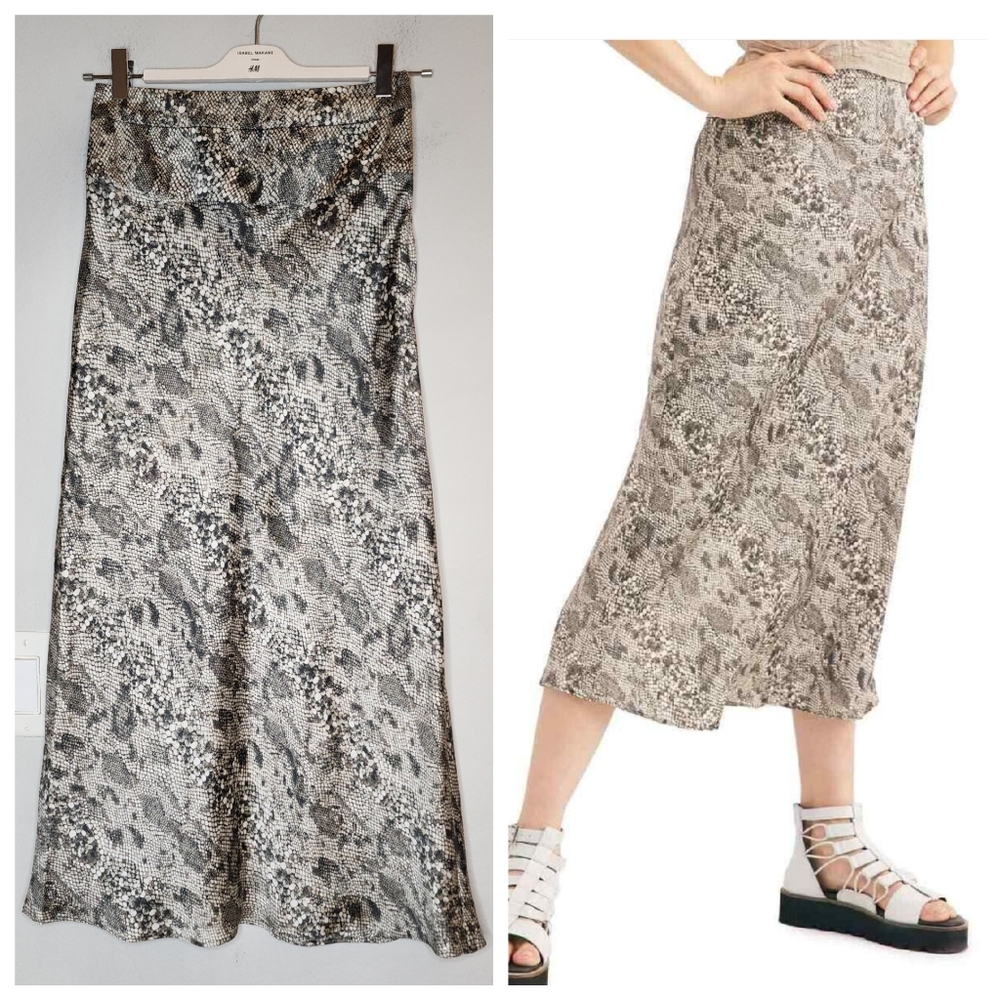 Free People Snake Print Satin Midi Skirt Size 2 Grey Black Beige Animal Print
